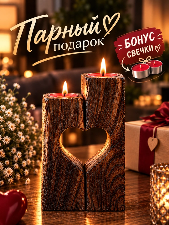 Подарочный подсвечник «Сердце» — деревянный подсвечник, подарок для девушки