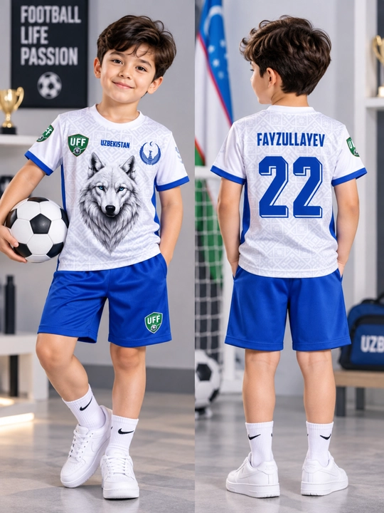 Bolalar futbol formasi — futbolka va shortik, O‘zbekiston uslubida