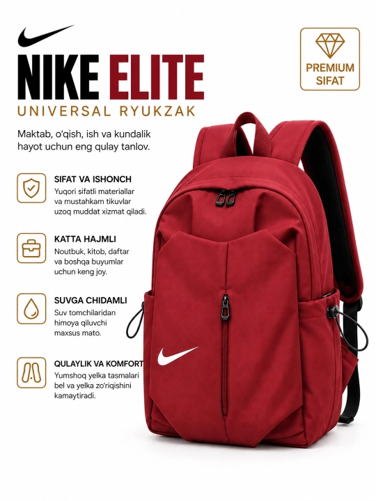 Nike universal maktab sumkasi sayohat va noutbuk uchun, erkaklar va ayollar ryukzagi - 