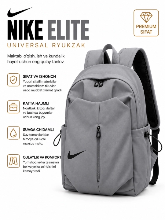 Nike universal maktab sumkasi sayohat va noutbuk uchun, erkaklar va ayollar ryukzagi - 