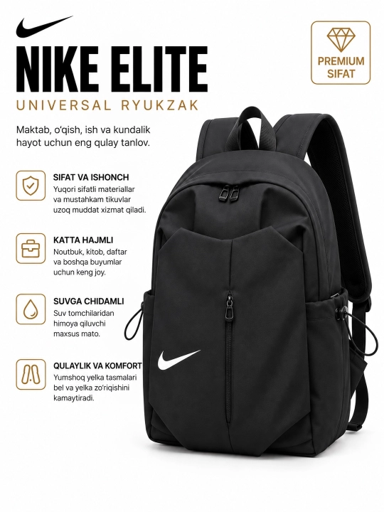 Nike universal maktab sumkasi sayohat va noutbuk uchun, erkaklar va ayollar ryukzagi - 