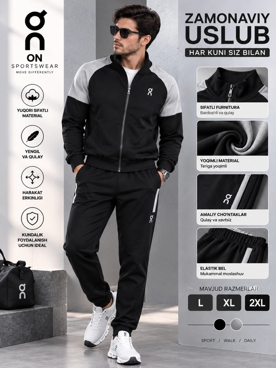 Erkaklar sport kostyumi, zamonaviy ikki rangli  dvoyka zip-xudi va shim - 