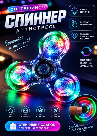 LED spinner, stressga qarshi, shaffof, porlab turadigan, 3 nurli