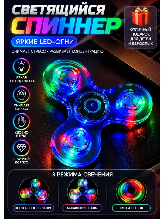 LED spinner, stressga qarshi, shaffof, porlab turadigan, 3 nurli