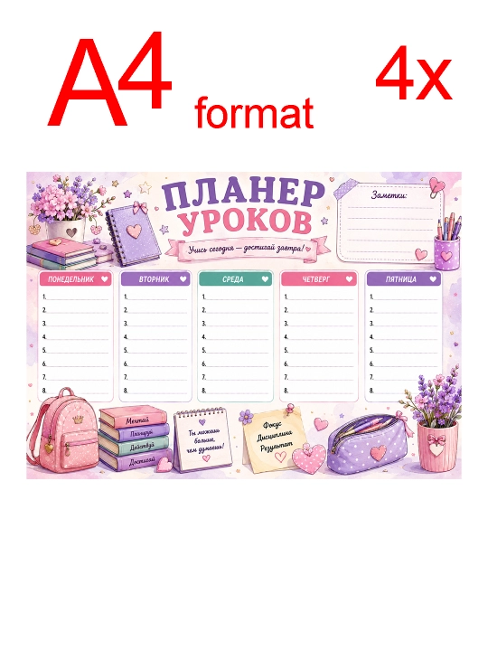Расписание уроков, ежедневник, 4 элемента с различными рис комплект на один год, формат А4 - 