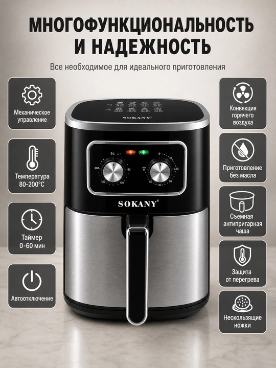 SOKANY SK-10053 Аэрогриль 7 л, 1700 Вт, механическое управление, без масла, конвекция