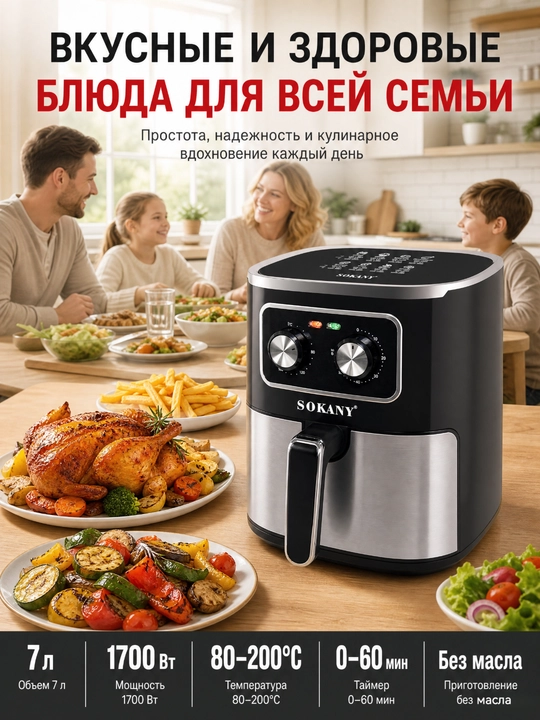 SOKANY SK-10053 Аэрогриль 7 л, 1700 Вт, механическое управление, без масла, конвекция