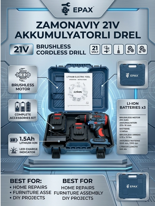 Akkumulyatorli shurupovert-drel EPAX 21V (Cho'tkasiz motor, 1.5Ah Li-ion)