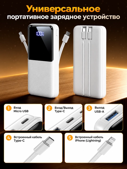 WiWU Essen Power Bank 10000 мАч 22,5 Вт с цифровым дисплеем, Type-C и кабелем Lightning