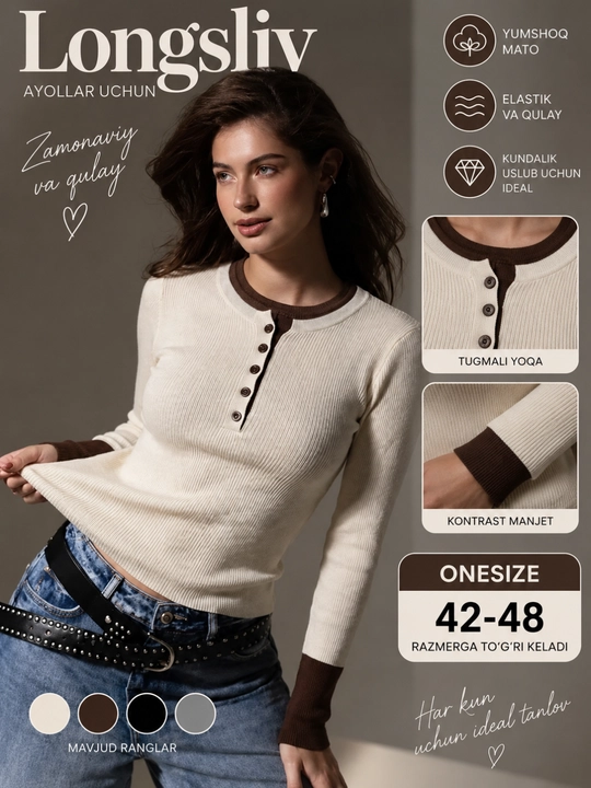 Ayollar uchun uzun yengli uzun yeng, qizlar uchun asosiy uzun yeng - 