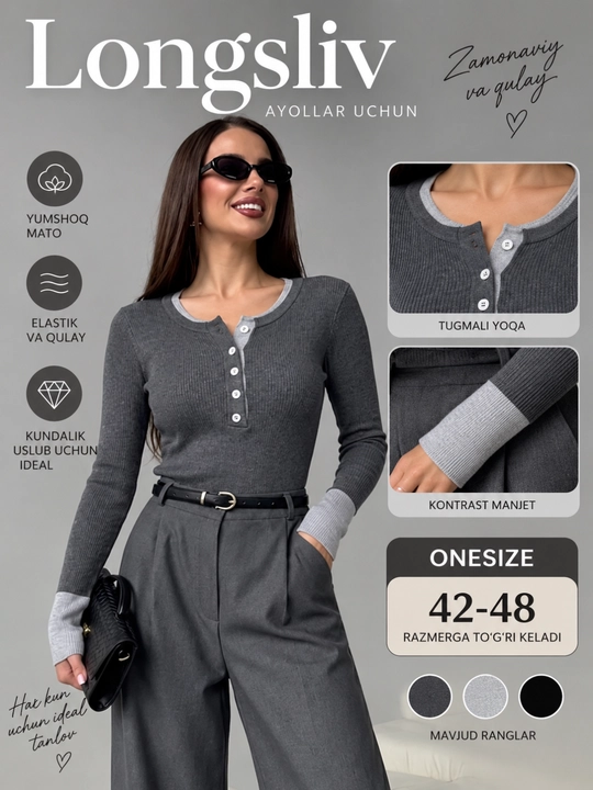 Ayollar uchun uzun yengli uzun yeng, qizlar uchun asosiy uzun yeng - 