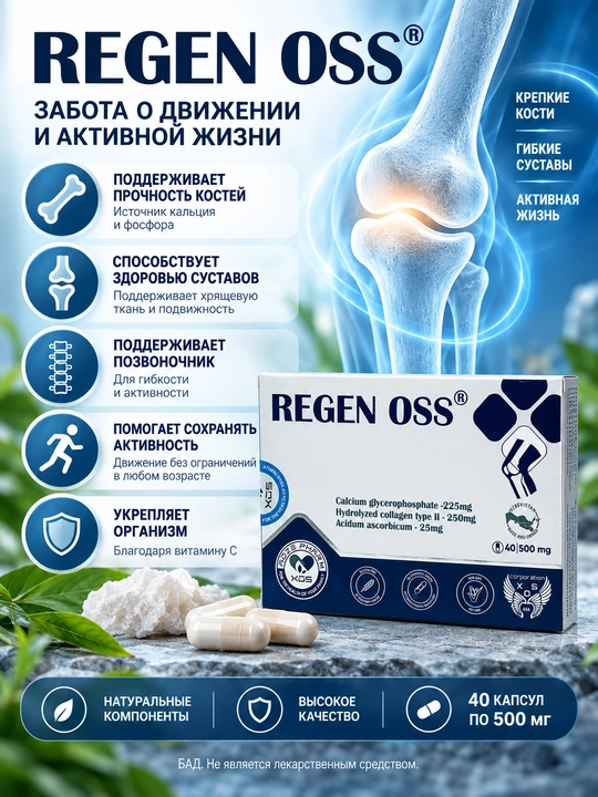 Капсулы с кальцием и коллагеном для костей и суставов Regen-Oss (Реген Осс), 40 капсул