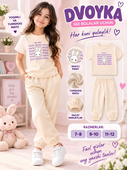 Qizlar uchun pijama va uy kiyimi, paxtalik to‘plam, futbolka va shim - 