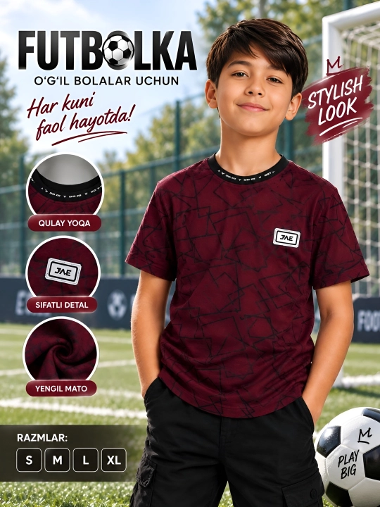 7-12 yoshli o‘g‘il bolalar uchun paxta tolali kalta yengli futbolka - 