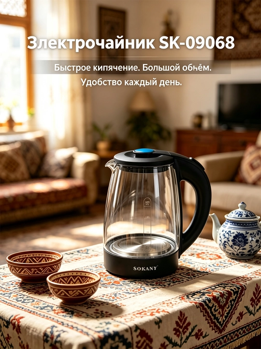 Электрочайник SOKANY SK-09068 1.8 л 1500 Вт, стекло, подсветка - 