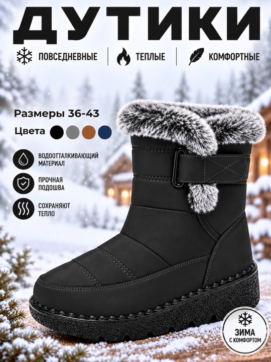 Дутики женские зимние, тёплые, с мехом, на нескользящей подошве - 