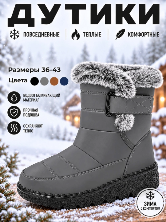 Дутики женские зимние, тёплые, с мехом, на нескользящей подошве - 