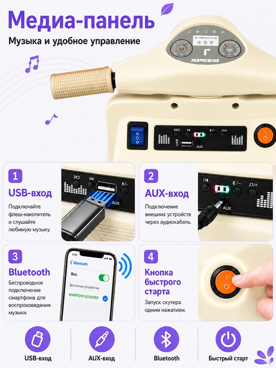 Bolalar elektromototsikli-tritsikli MT01 1–6 yosh, 2×15W, Bluetooth, 6V 7Ah