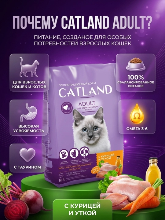 Полнорационный сухой корм CATLAND Adult для взрослых кошек, с курицей и уткой