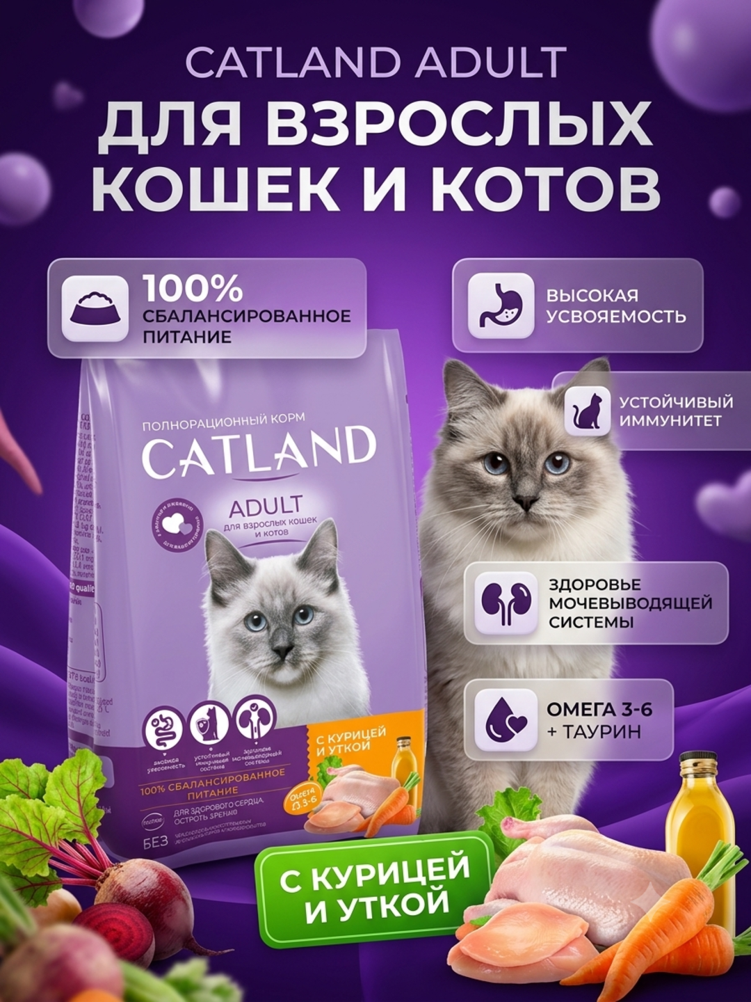 Полнорационный сухой корм CATLAND Adult для взрослых кошек, с курицей и уткой