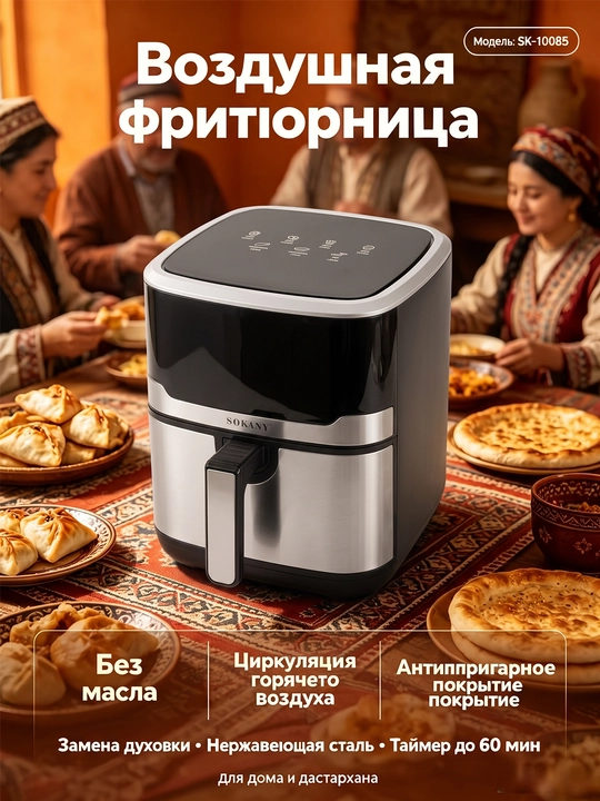 SOKANY SK-10085 havo panjarasi, 7,5 l, 2200 Vt, 10 ta dastur, minimal yog' bilan pishirish - 