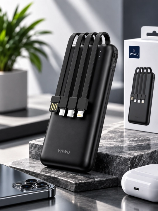 WiWU Essen Power Bank 10000 mAh, 4 ta o‘rnatilgan kabel, USB Type-C Lightning