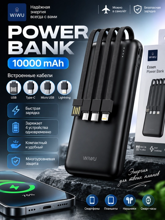 Внешний аккумулятор WiWUEssen 10000 мАч4 встроенных кабеля разъемы USB Type-C и Lightning - 