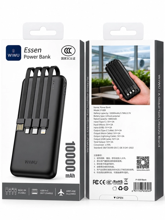 WiWU Essen Power Bank 10000 mAh, 4 ta o‘rnatilgan kabel, USB Type-C Lightning