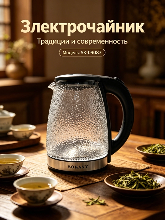 Elektr choynak SOKANY SK-09087, borosilikat shisha bolg'a namunasi, 1,7L, 1500W