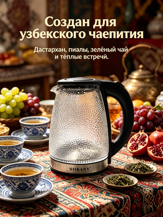 Elektr choynak SOKANY SK-09087, borosilikat shisha bolg'a namunasi, 1,7L, 1500W