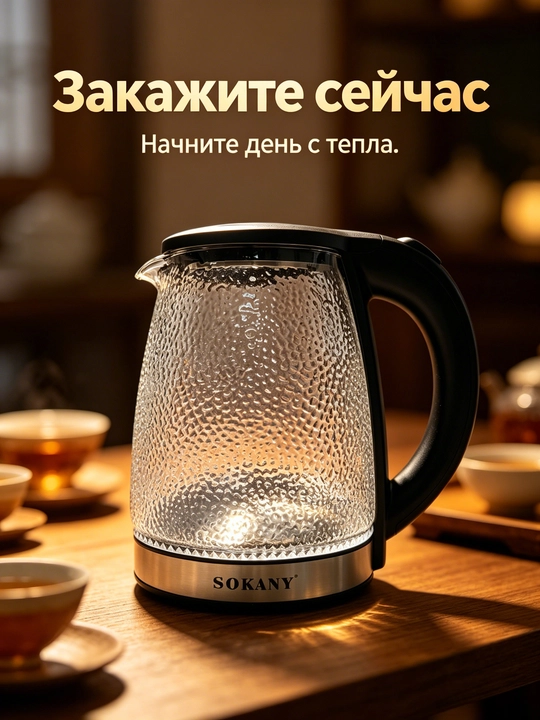 Elektr choynak SOKANY SK-09087, borosilikat shisha bolg'a namunasi, 1,7L, 1500W