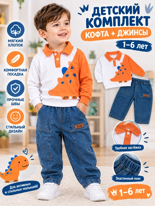 Bolalar kiyimi 1–6 yosh, dinozavr naqshli kofta va jinsi shim komplekti, dvoyka - 