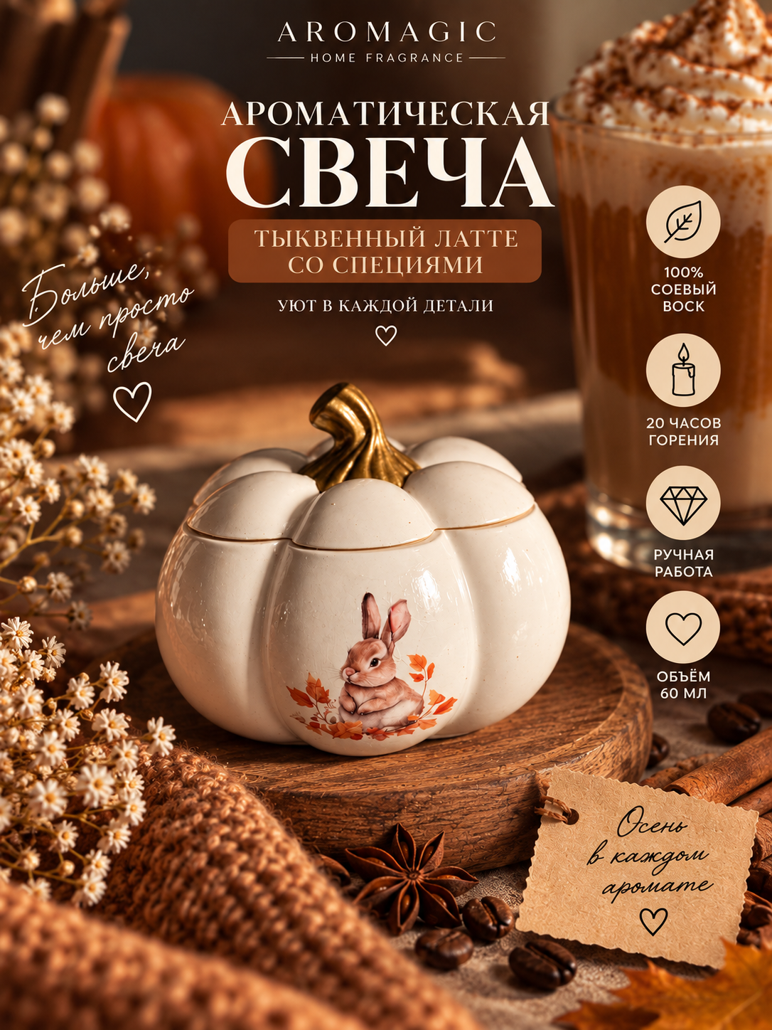 Ароматическая свеча «Тыквенный латте со специями» в форме тыквы — 60 мл - 