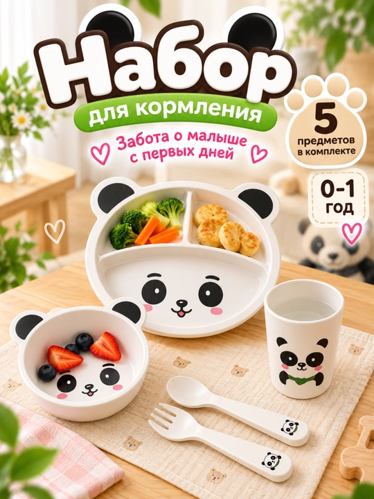 Bolalar idishlari  panda dizaynli ovqatlanish idishlari to‘plami, 5 dona - 
