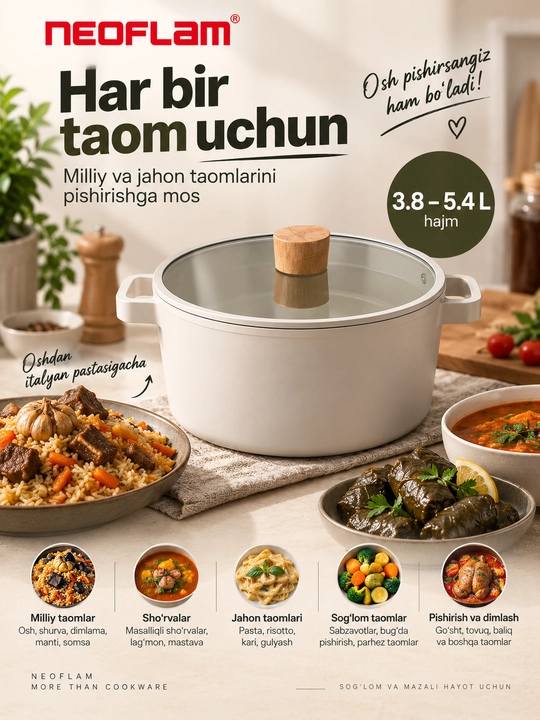 NEOFLAM FIKA shisha qopqoqli, 3,8–5.4 litrli, quyma alyuminiy qozon, induksion