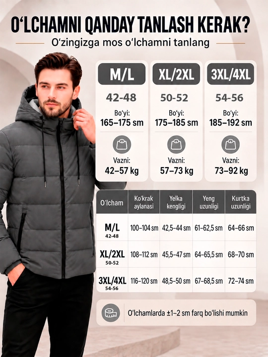 Kapyushonli va yaltiroq cho‘ntakli erkaklar qishki kurtkasi