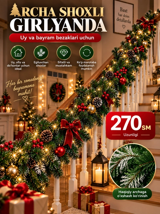 Bayramona archa shoxli girlyanda 270 sm — qorli uchlar, shishka va qizil rezavorli - 