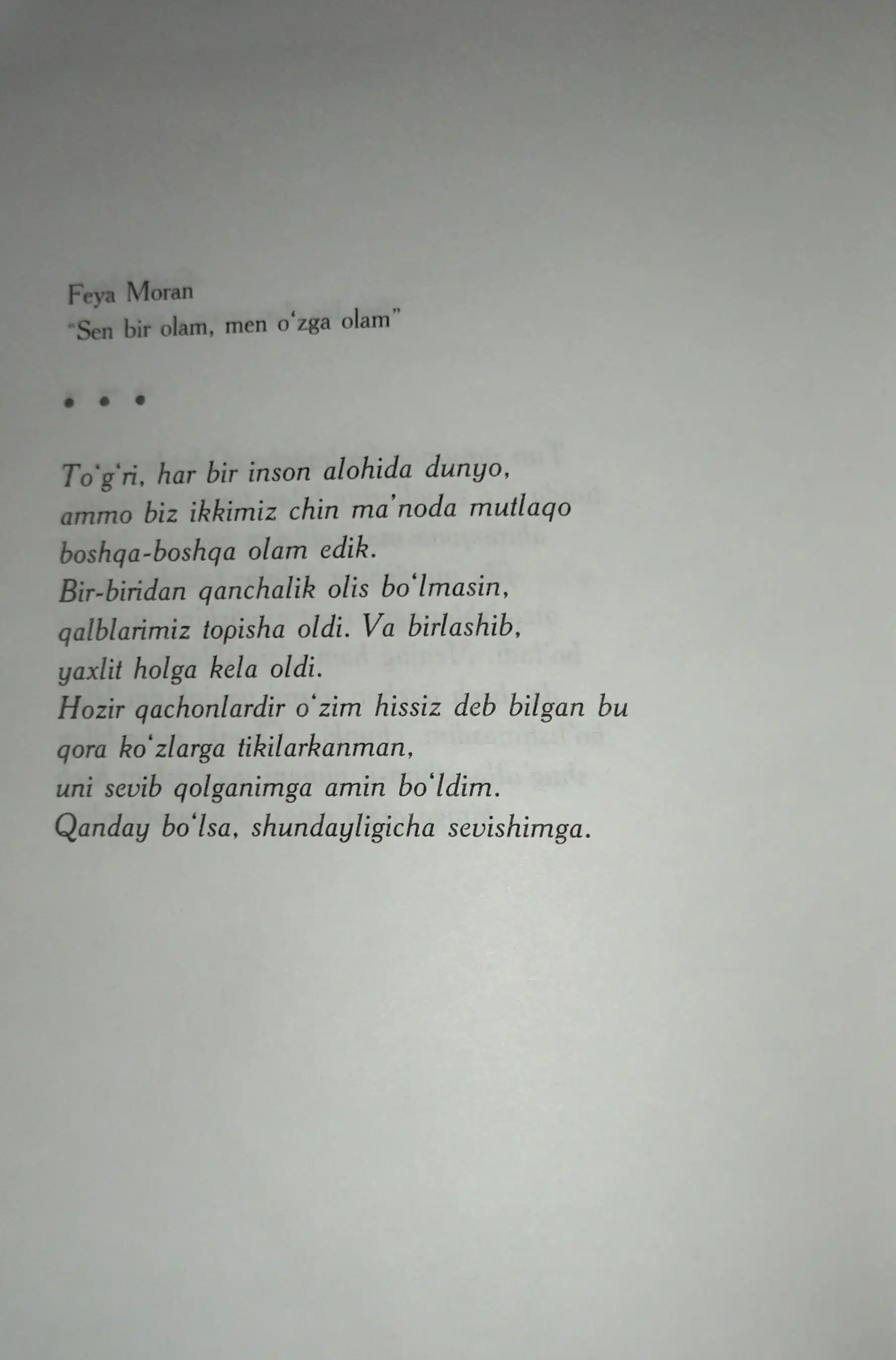 Sen bir olam, men o‘zga olam — Feya Moran, o‘zlik va muhabbat haqida roman