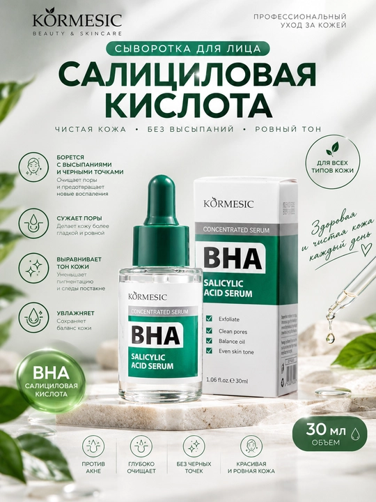 Сыворотка для лица Kormesic, с салициловой кислотой BHA, против акне и пор, 30 мл - 