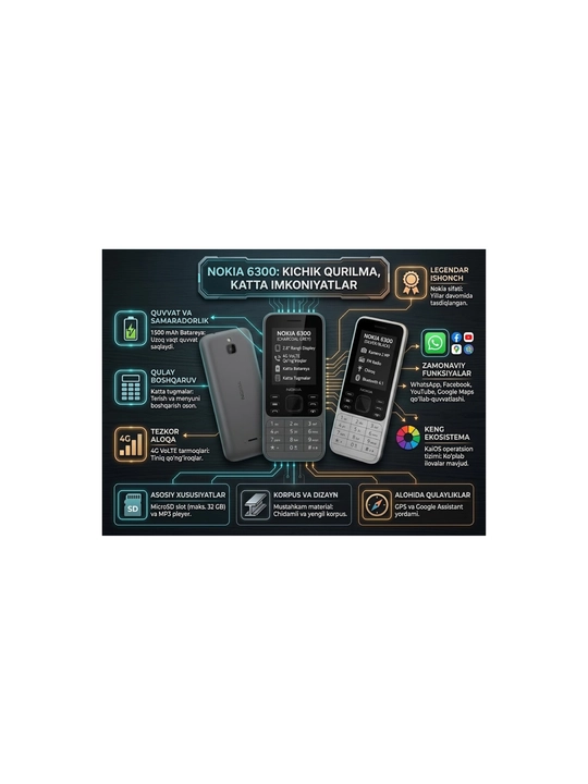 Tugmali telefon Nokia 6300, 2 SIM, katta ekran, baquvvat batareya va chiroq