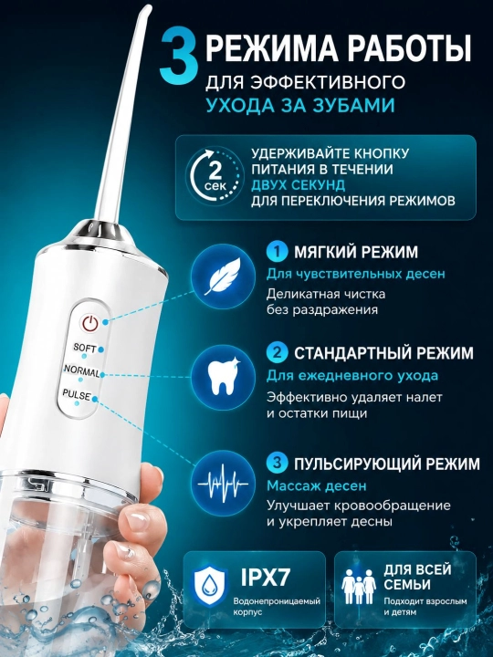 Ирригатор для полости рта, 230 мл, USB, 3 режима 4 насадки, портативный, водонепроницаемый