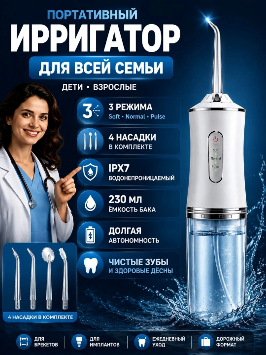 Ирригатор для полости рта, 230 мл, USB, 3 режима 4 насадки, портативный, водонепроницаемый - 
