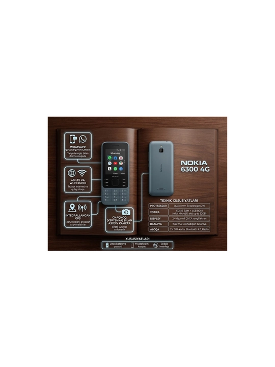 Tugmali telefon Nokia 6300, 2 SIM, katta ekran, baquvvat batareya va chiroq