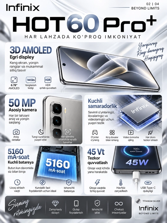 Смартфон Infinix HOT 60 Pro+ 8+8/256Гб изогнутый 3D AMOLED 144 Гц 50 МП 5160 мА/ч 45 Вт