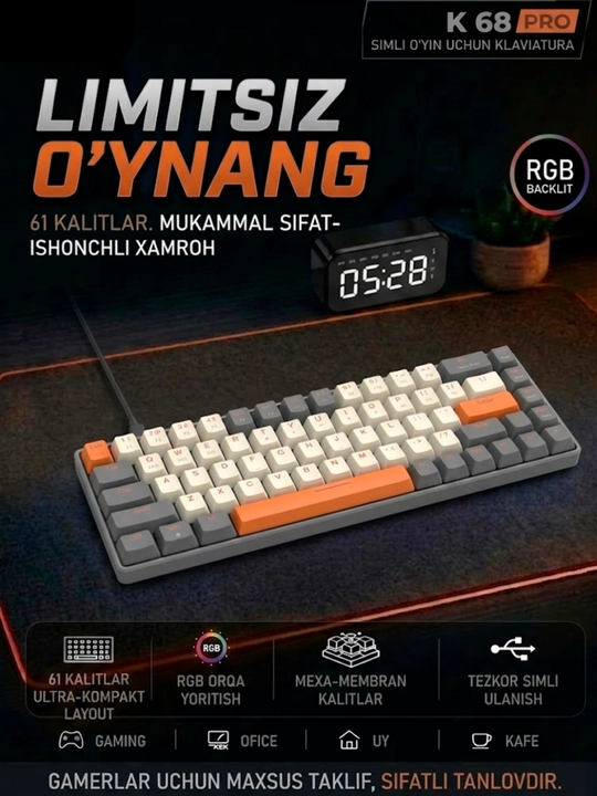 O‘yin klaviaturalari — RGB yoritishli, membranali, simli ulanishga ega - 