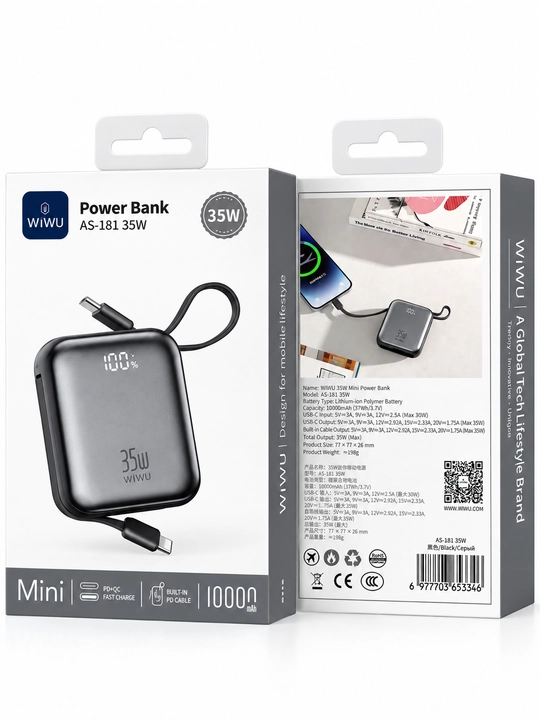 WIWU AS-181 Power Bank 10000 mAh 35W USB-C tez zaryadlash raqamli displey