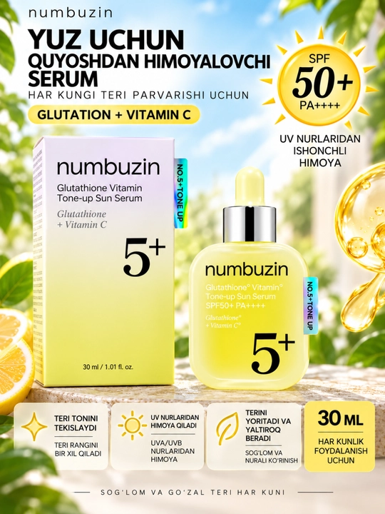 Yuz uchun quyoshdan himoyalovchi Numbuzin No.5+ SPF50+ glutation va C vitamini, 30 ml