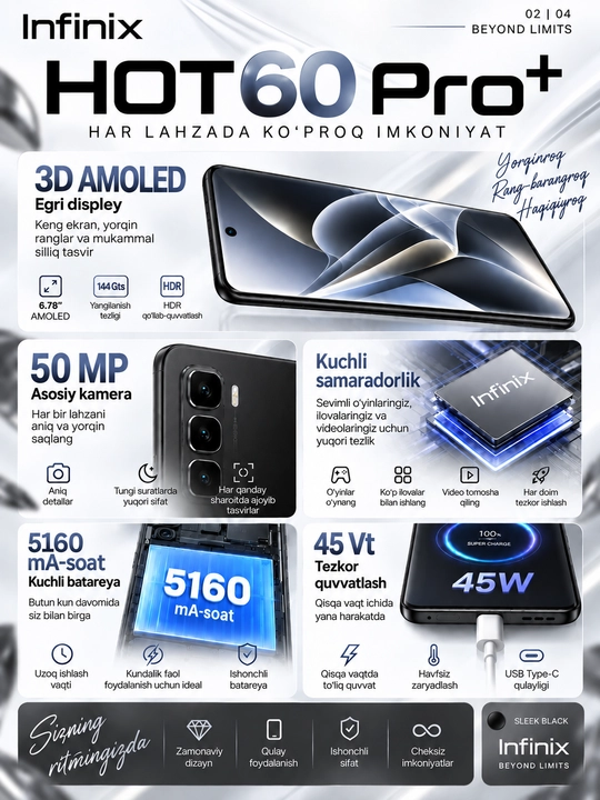 Смартфон Infinix HOT 60 Pro+ 8+8/256Гб изогнутый 3D AMOLED 144 Гц 50 МП 5160 мА/ч 45 Вт