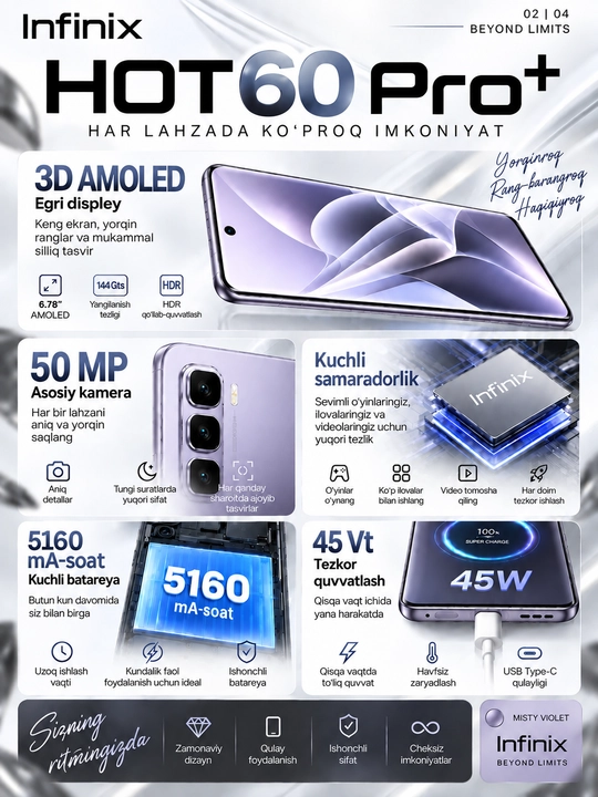 Смартфон Infinix HOT 60 Pro+ 8+8/256Гб изогнутый 3D AMOLED 144 Гц 50 МП 5160 мА/ч 45 Вт