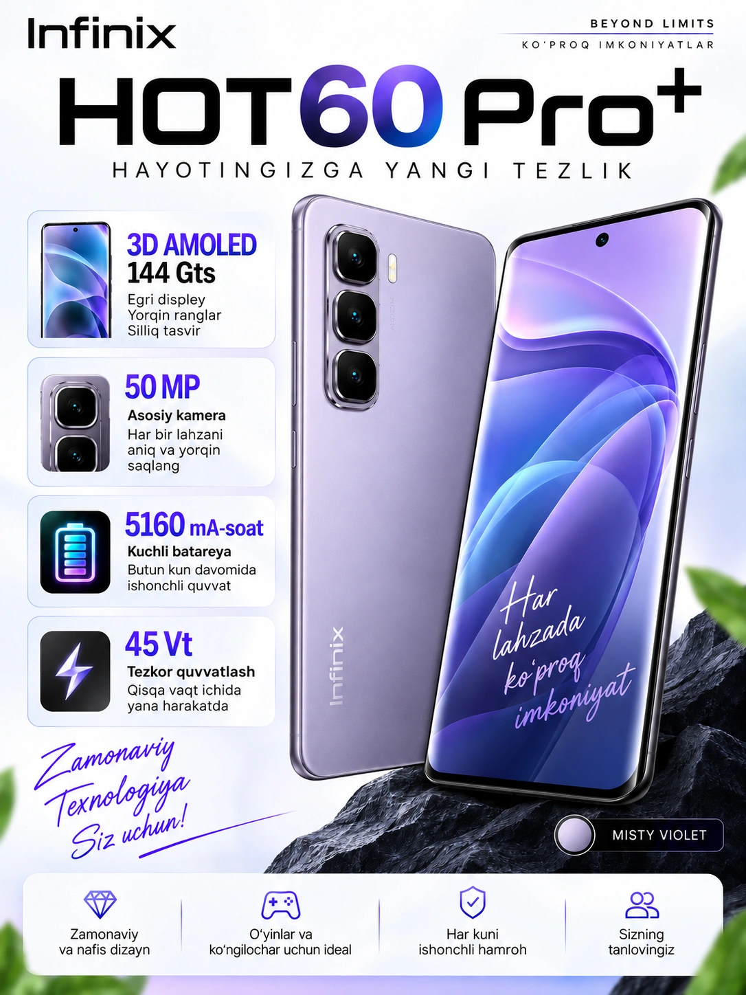 Infinix HOT 60 PrO+ smartfoni 8+8/256 GB egri 3D AMOLED 144HZ displey ...